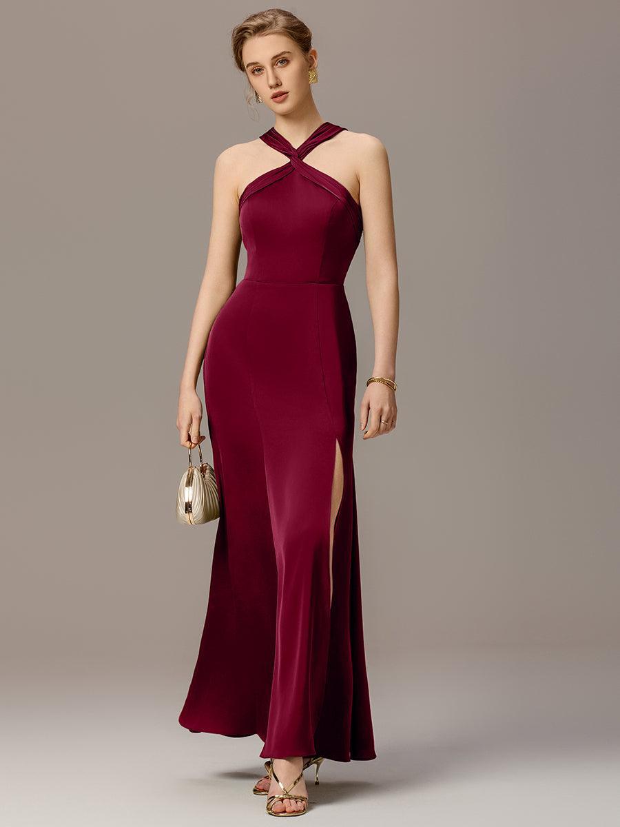 Robe moulante en satin dos nu avec découpe au dos #Couleur_Bordeaux