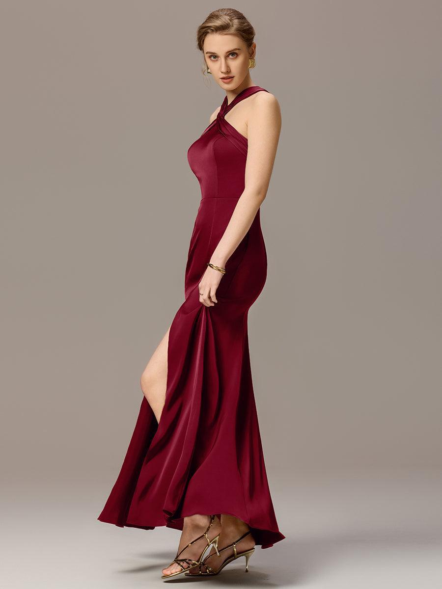 Robe moulante en satin dos nu avec découpe au dos #Couleur_Bordeaux