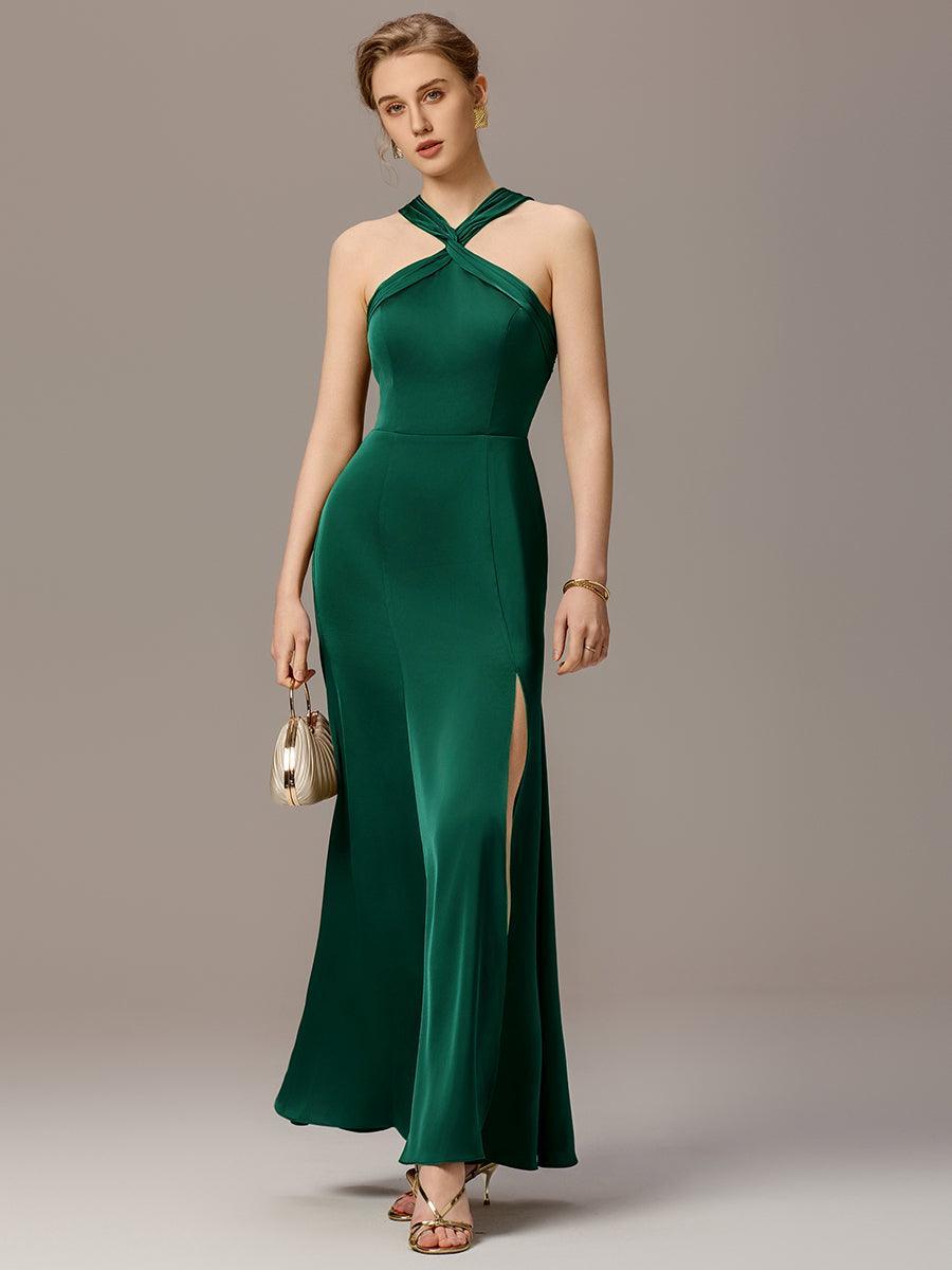 Robe moulante en satin dos nu avec découpe au dos #Couleur_Vert Fonce