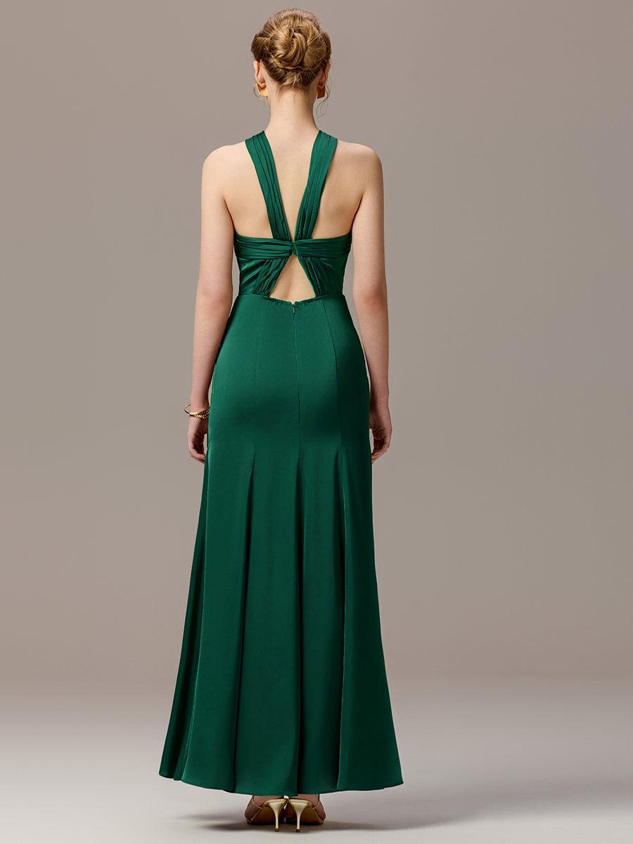 Robe moulante en satin dos nu avec découpe au dos #Couleur_Vert Fonce