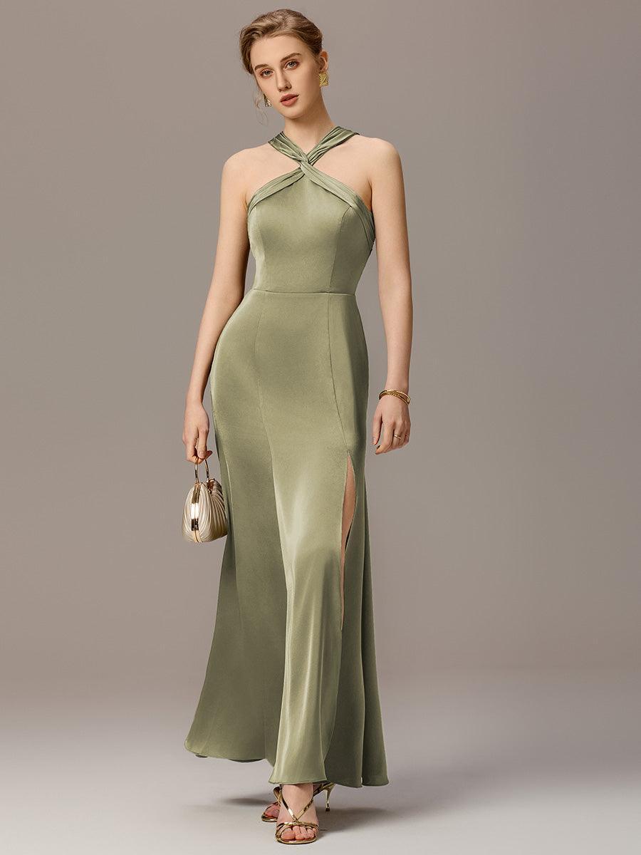 Robe moulante en satin dos nu avec découpe au dos #Couleur_Vert sauge