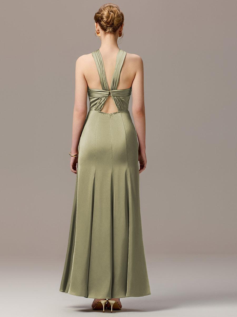 Robe moulante en satin dos nu avec découpe au dos #Couleur_Vert sauge