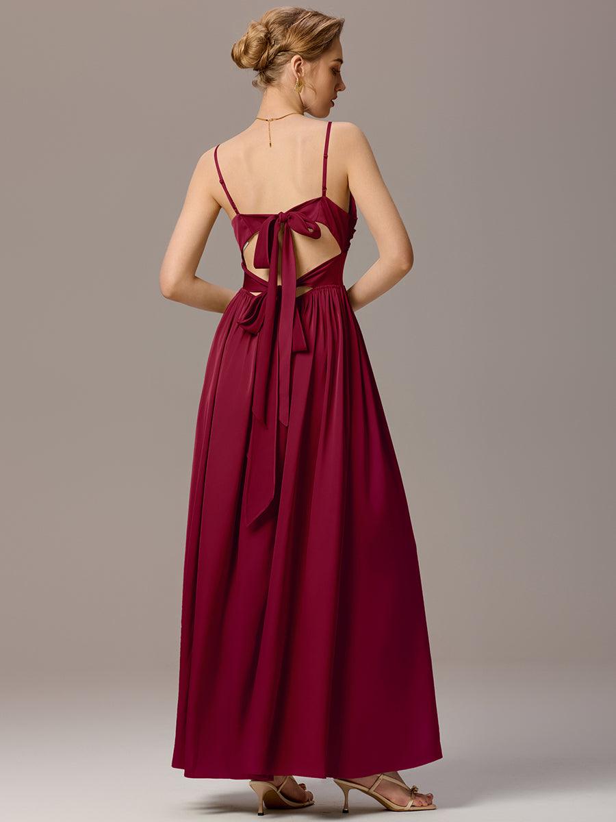 Robe de demoiselle d'honneur sans manches coupe A avec liens creux dans le dos #Couleur_Bordeaux
