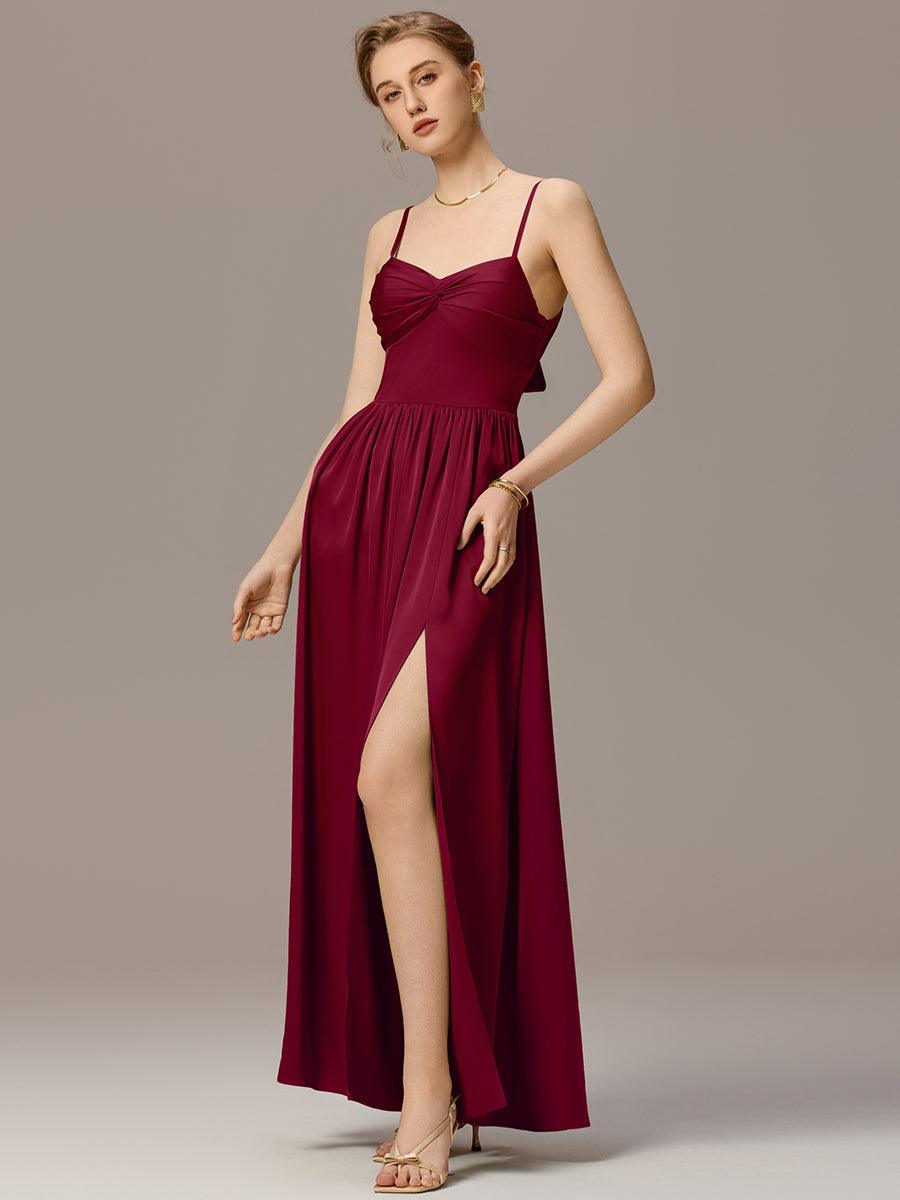 Robe de demoiselle d'honneur sans manches coupe A avec liens creux dans le dos #Couleur_Bordeaux