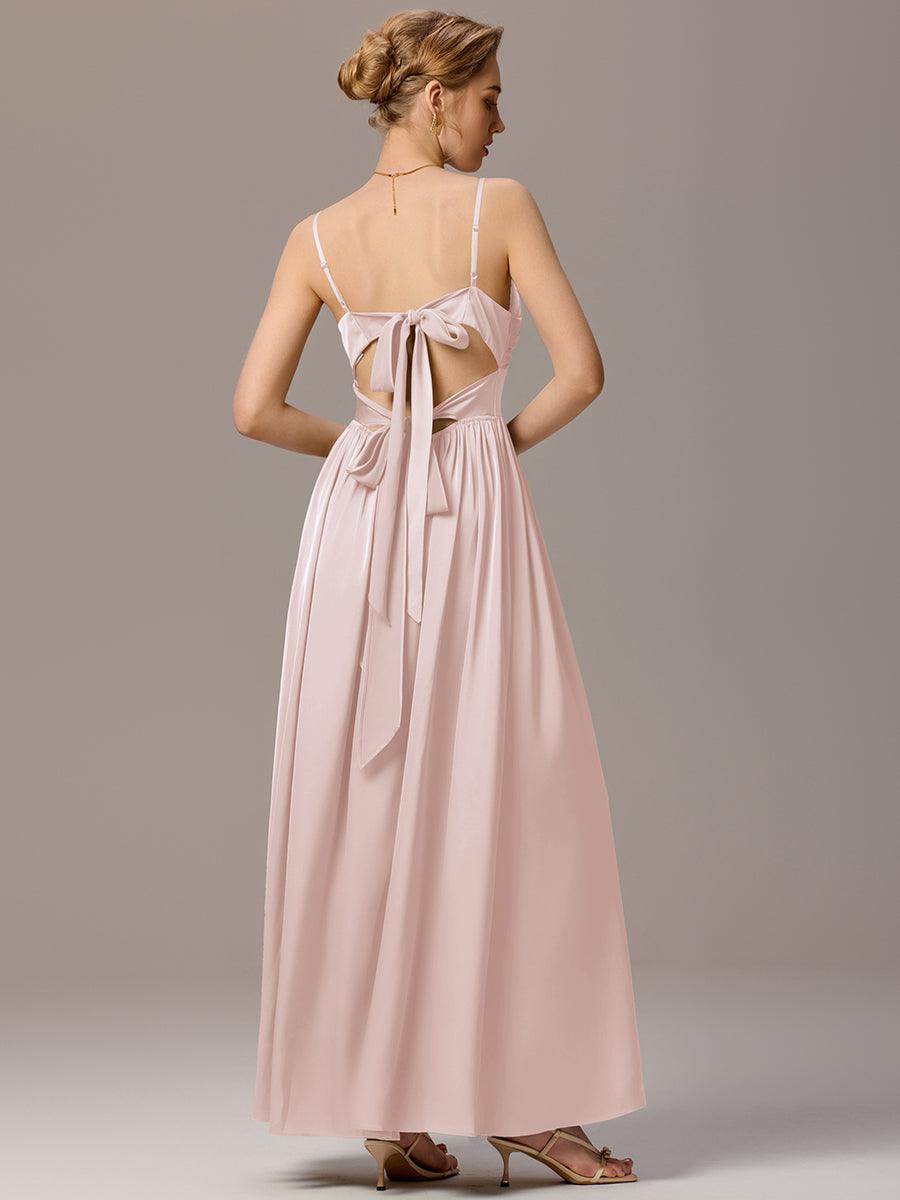 Robe de demoiselle d'honneur sans manches coupe A avec liens creux dans le dos #Couleur_Rose