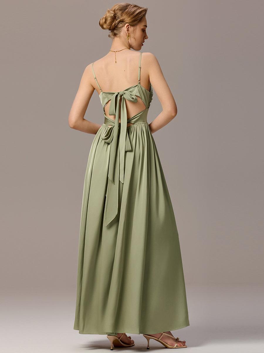 Robe de demoiselle d'honneur sans manches coupe A avec liens creux dans le dos #Couleur_Vert sauge