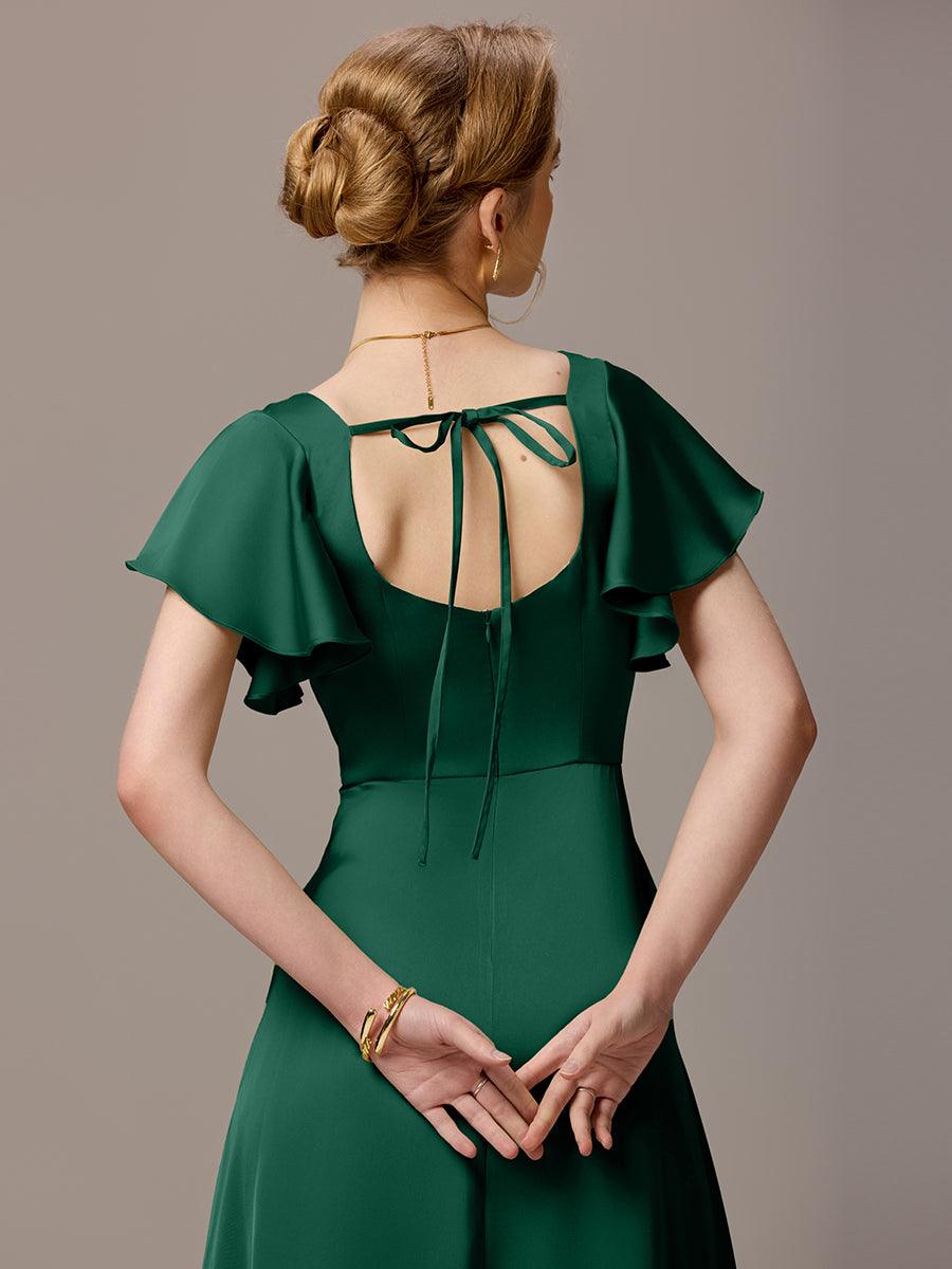 Robe de demoiselle d'honneur en satin à manches volantées et fentes sur le devant #Couleur_Vert Fonce