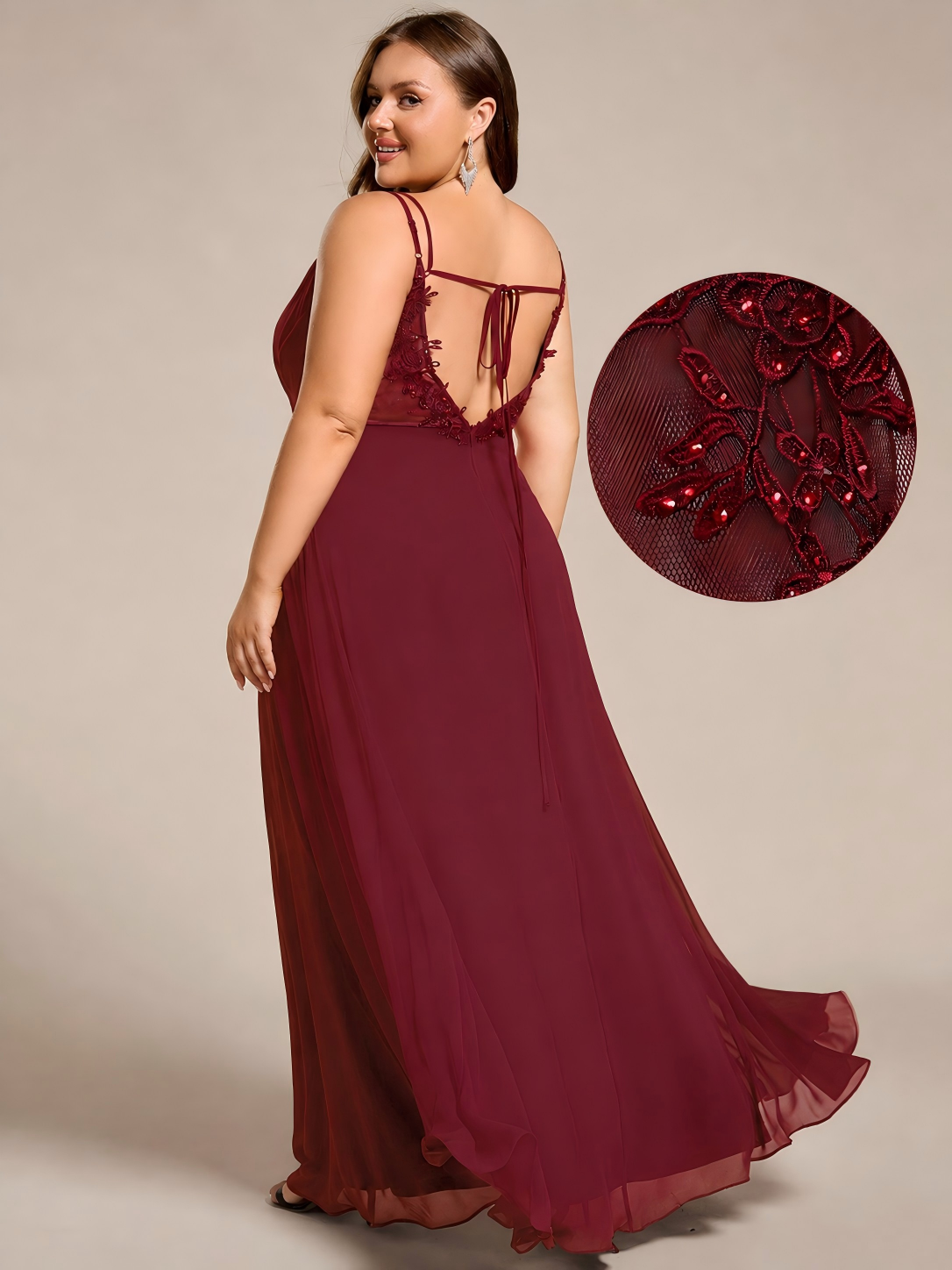 Robe demoiselle d'honneur mousseline et dentelle dos nu bretelles fines #Couleur_Bordeaux