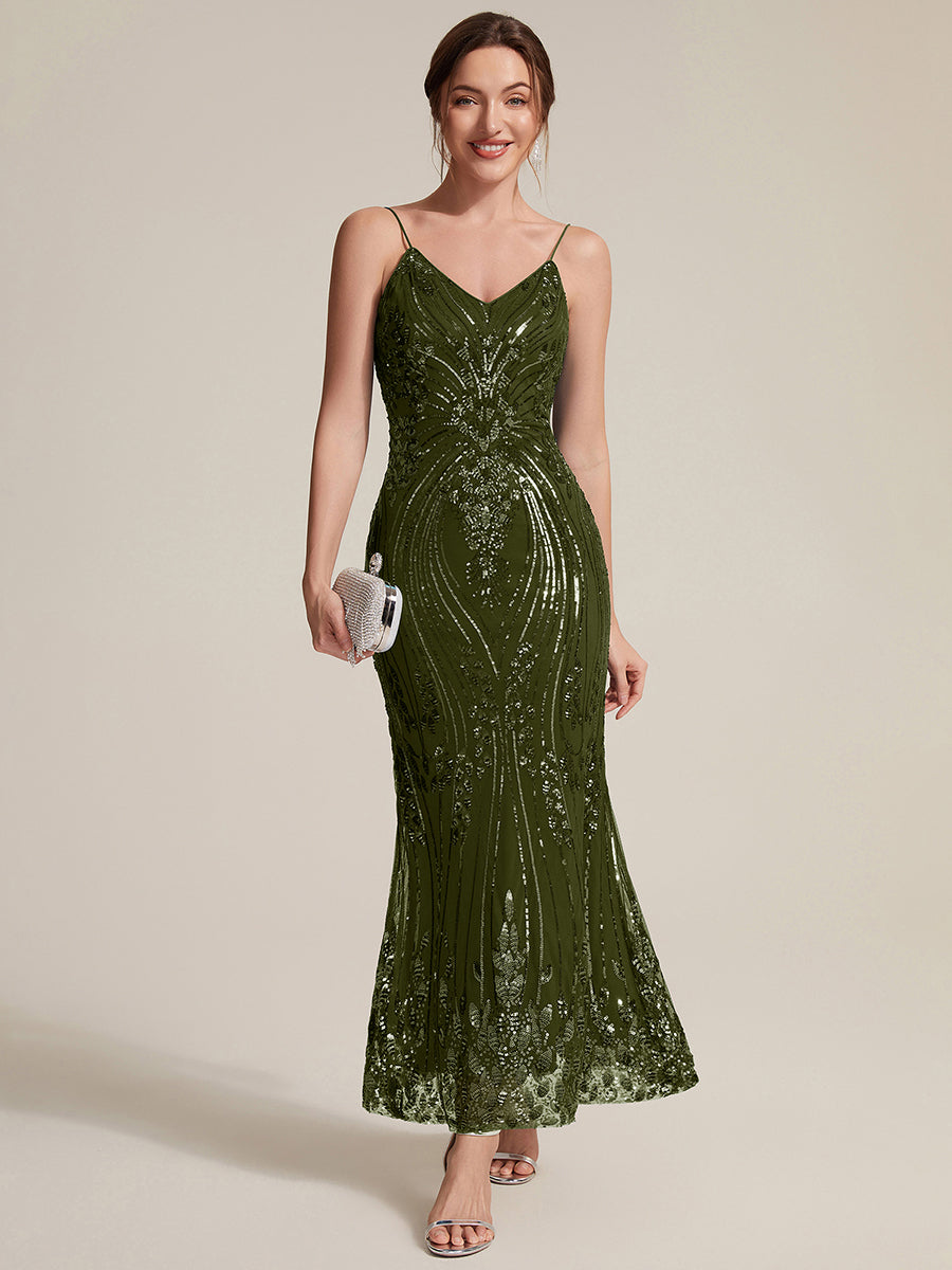 Sequins Col V Fourreau Sans manches Fermeture zippée au dos Doublé Sans coques Robe #Couleur_Vert Olive