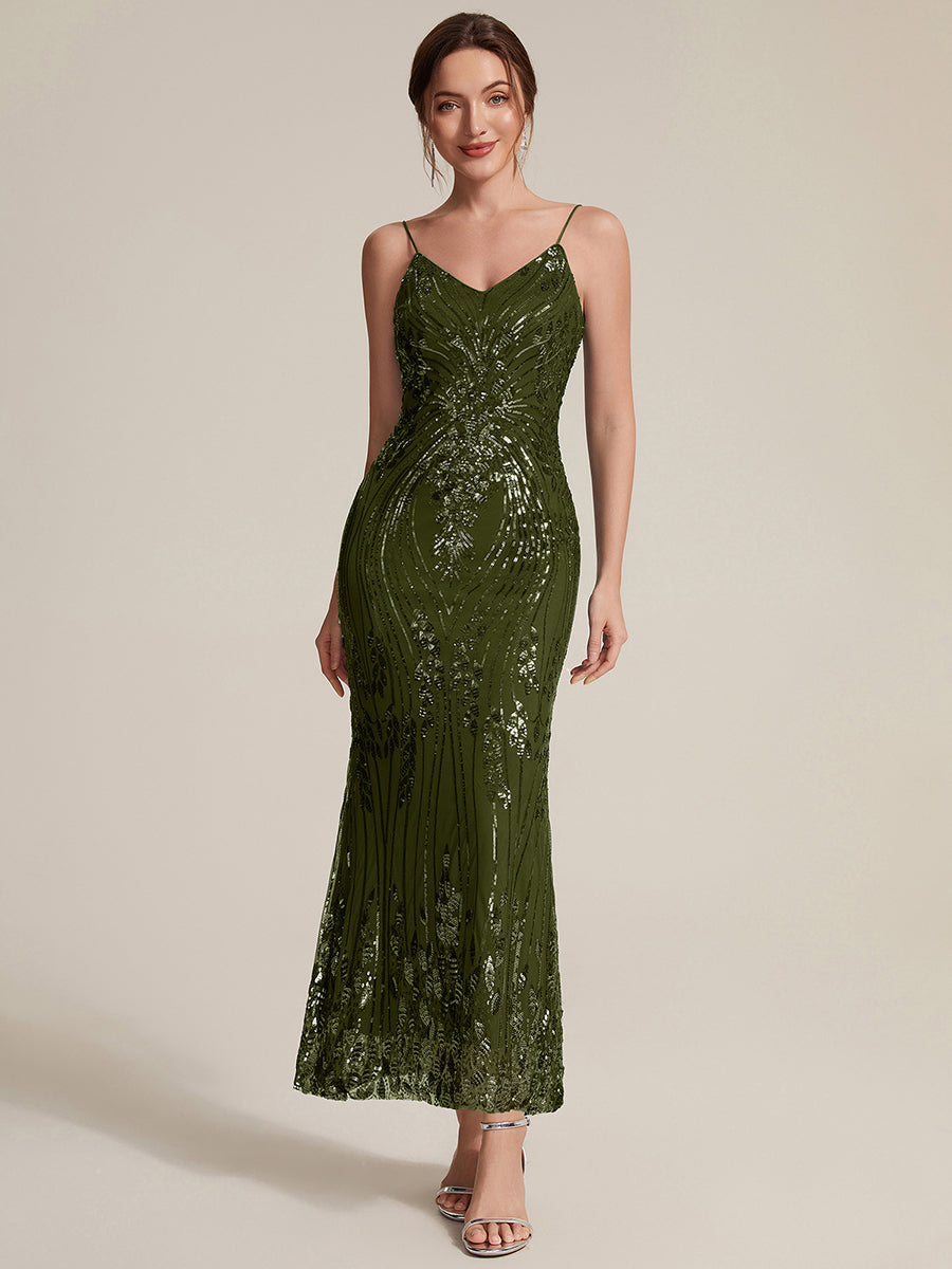 Sequins Col V Fourreau Sans manches Fermeture zippée au dos Doublé Sans coques Robe #Couleur_Vert Olive