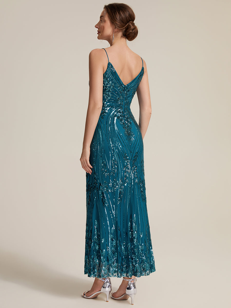 Sequins Col V Fourreau Sans manches Fermeture zippée au dos Doublé Sans coques Robe #Couleur_Bleu Sarcelle