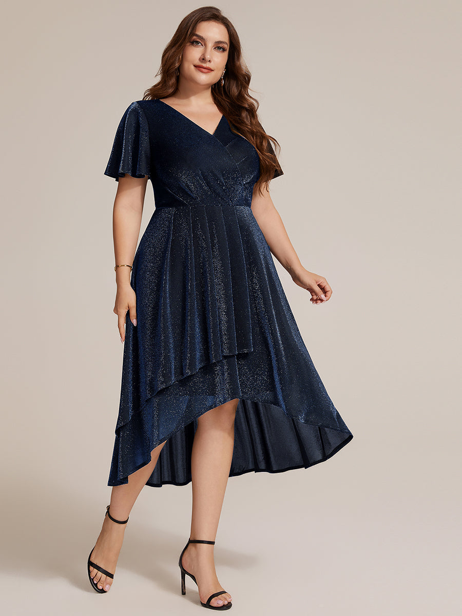 Robe A-Line fluide ¨¤ manches courtes avec ourlet asym¨¦trique et manches volantes et d¨¦collet¨¦ crois¨¦ #Couleur_Bleu Marine