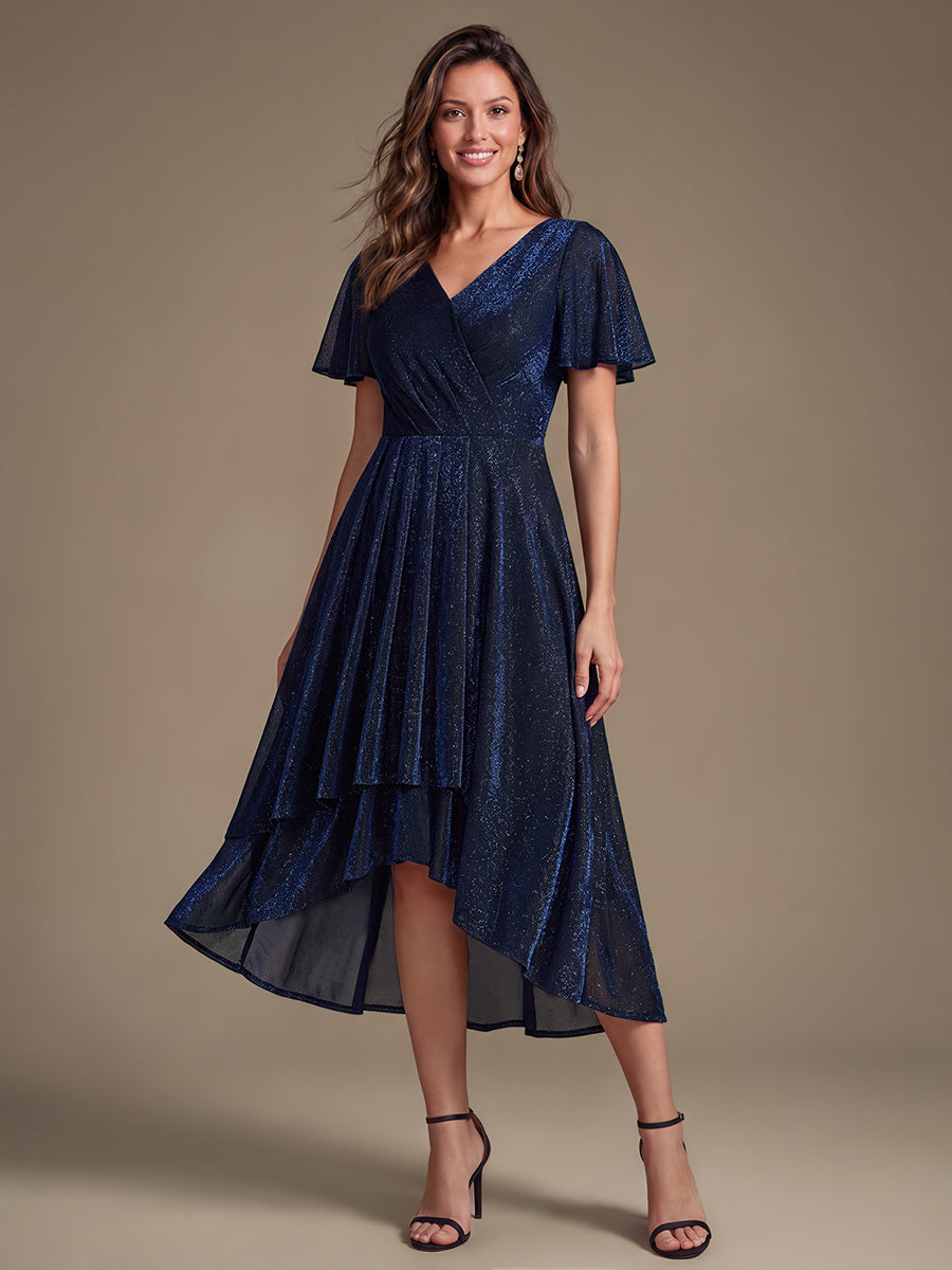 Robe A-Line fluide ¨¤ manches courtes avec ourlet asym¨¦trique et manches volantes et d¨¦collet¨¦ crois¨¦ #Couleur_Bleu Marine