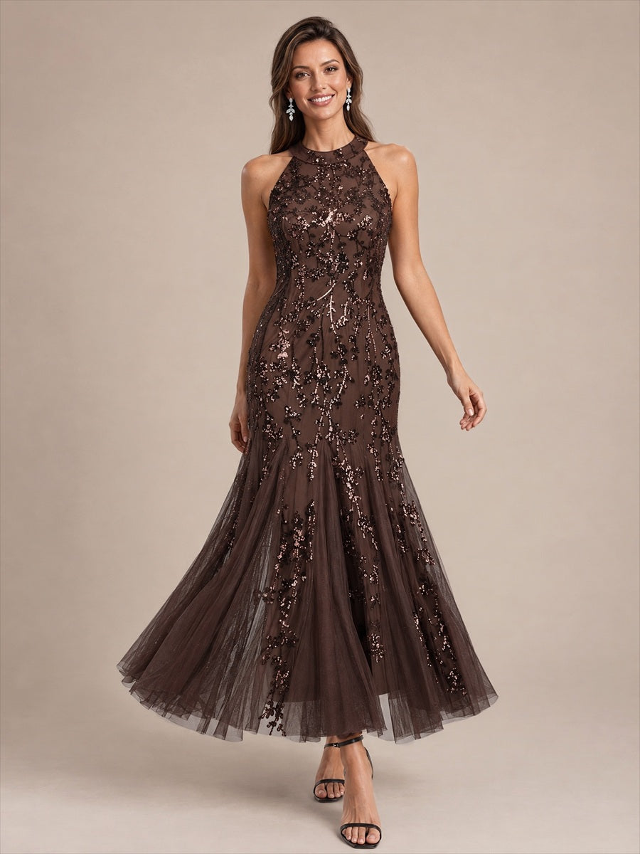 Robe bodycon sans manches en tulle avec corset et volants maxi longueur #Couleur_Marron chocolat