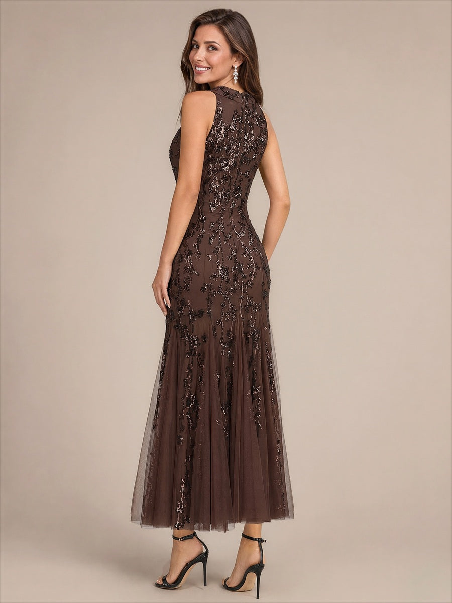 Robe bodycon sans manches en tulle avec corset et volants maxi longueur #Couleur_Marron chocolat