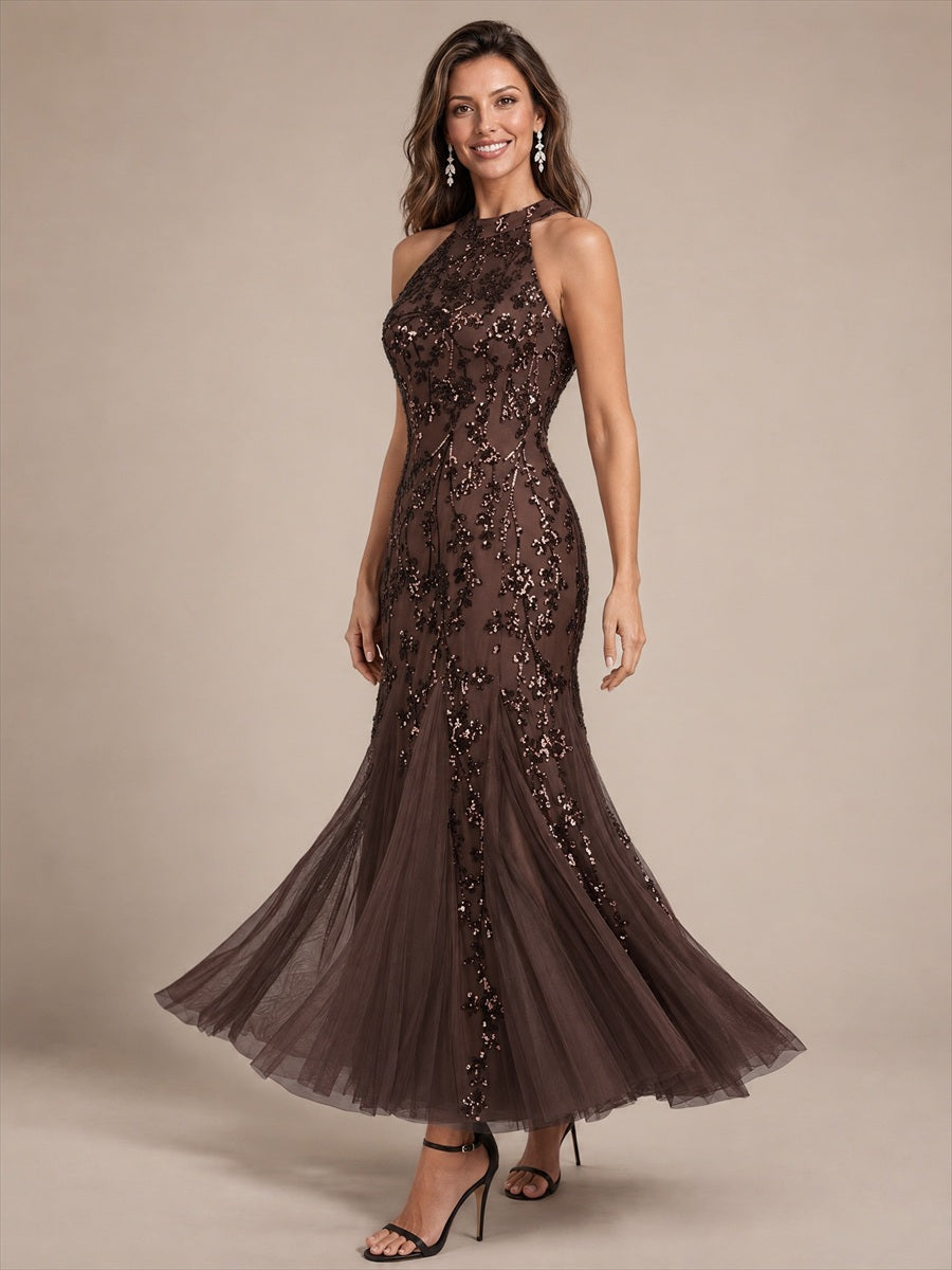 Robe bodycon sans manches en tulle avec corset et volants maxi longueur #Couleur_Marron chocolat