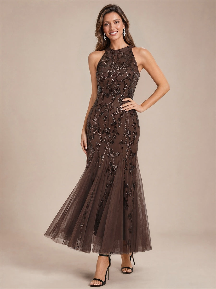 Robe bodycon sans manches en tulle avec corset et volants maxi longueur #Couleur_Marron chocolat
