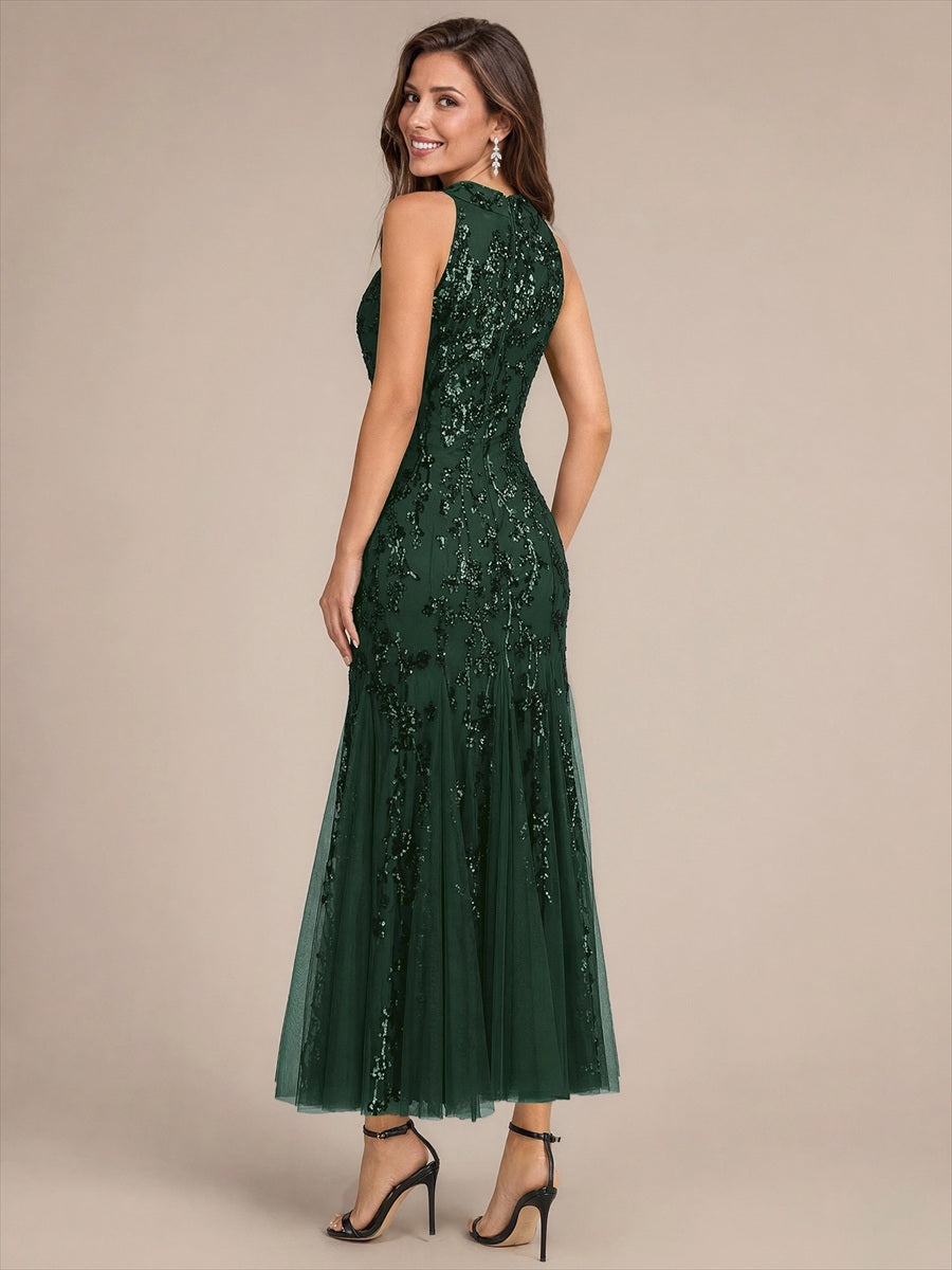 Robe bodycon sans manches en tulle avec corset et volants maxi longueur #Couleur_Vert forêt foncé