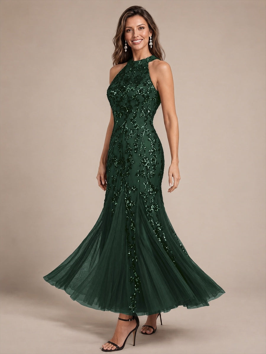 Robe bodycon sans manches en tulle avec corset et volants maxi longueur #Couleur_Vert forêt foncé