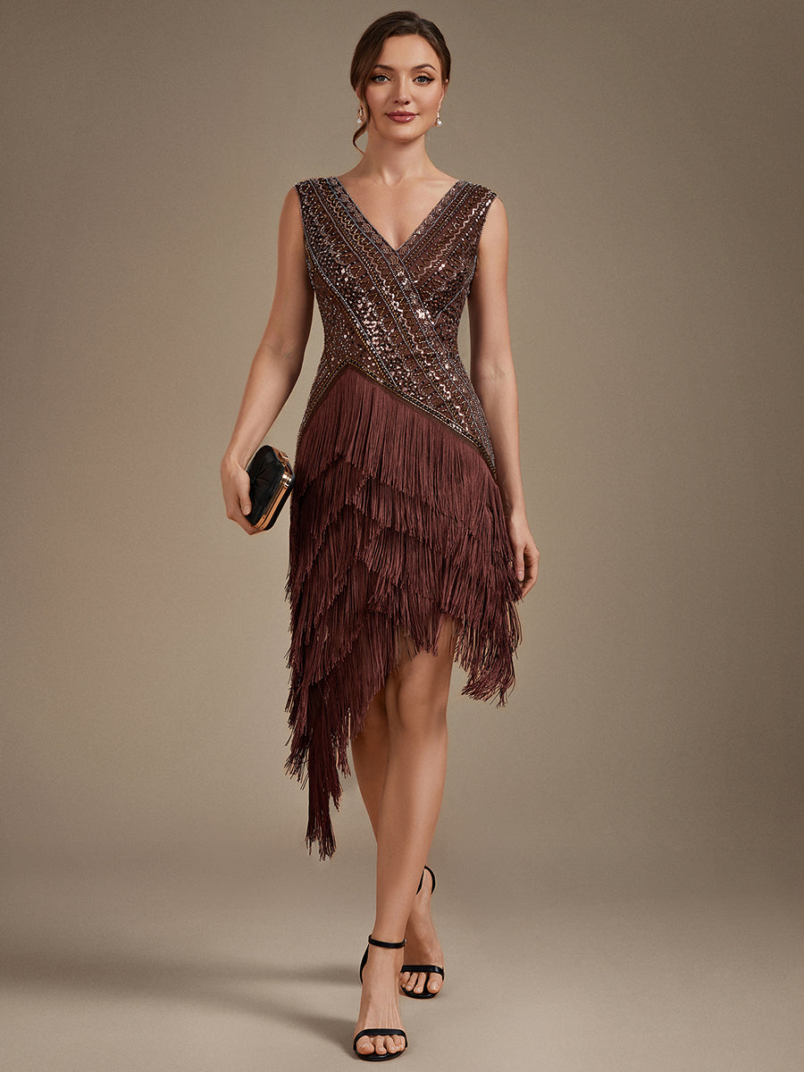 robe à manches courtes en sequins décolleté en V ourlet asymétrique longueur genou #Couleur_Brun