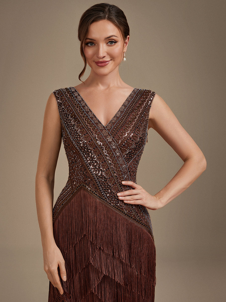 robe à manches courtes en sequins décolleté en V ourlet asymétrique longueur genou #Couleur_Brun