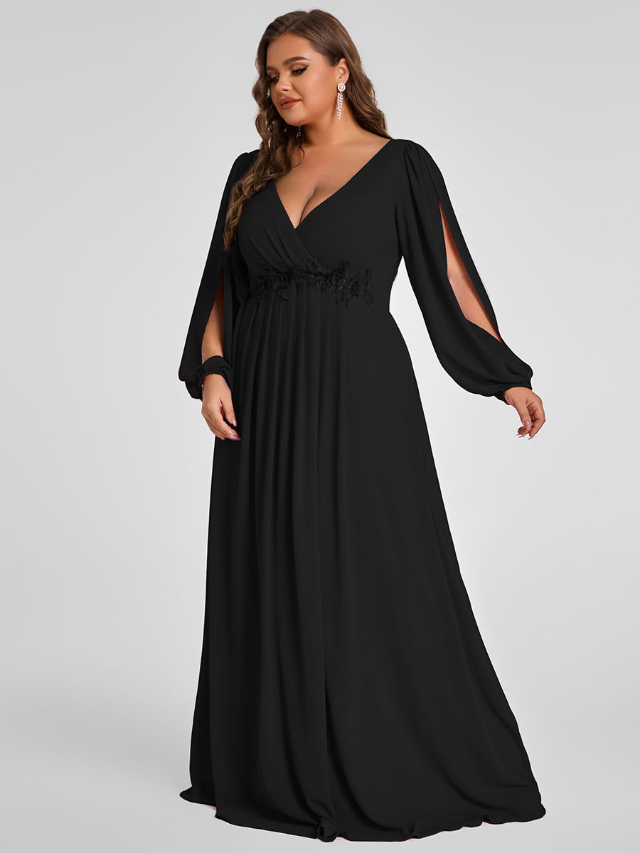 Robes de soirée élégantes en mousseline de soie grande taille avec manches longues en lanterne #Couleur_Noir