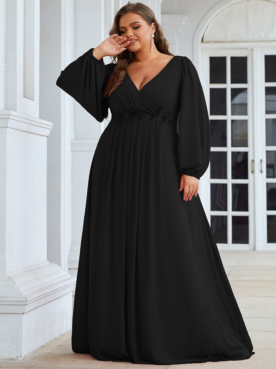 Robes de soirée élégantes en mousseline de soie grande taille avec manches longues en lanterne #Couleur_Noir