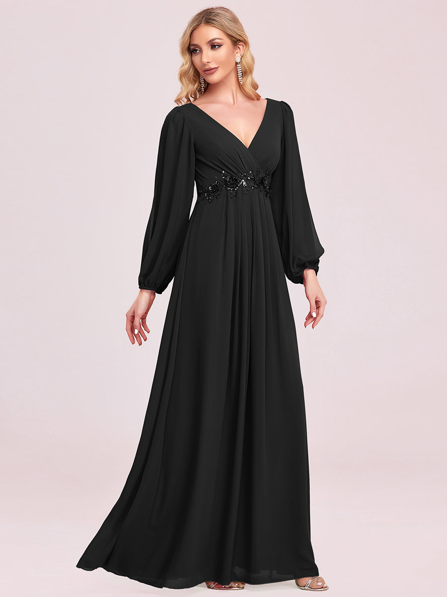 Robes de soirée élégantes en mousseline de soie grande taille avec manches longues en lanterne #Couleur_Noir