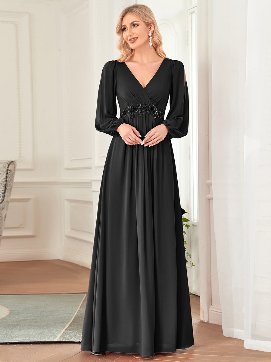 Robes de soirée élégantes en mousseline de soie grande taille avec manches longues en lanterne #Couleur_Noir