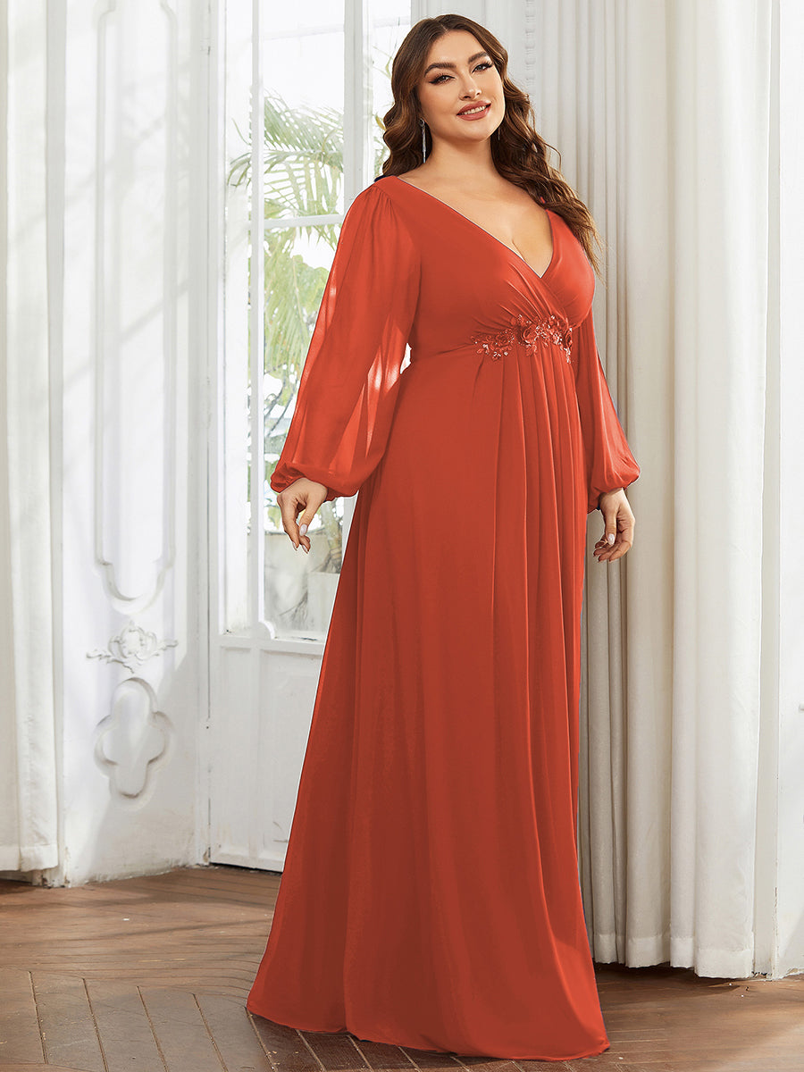 Robes de soirée élégantes en mousseline de soie grande taille avec manches longues en lanterne #Couleur_Burnt Orange