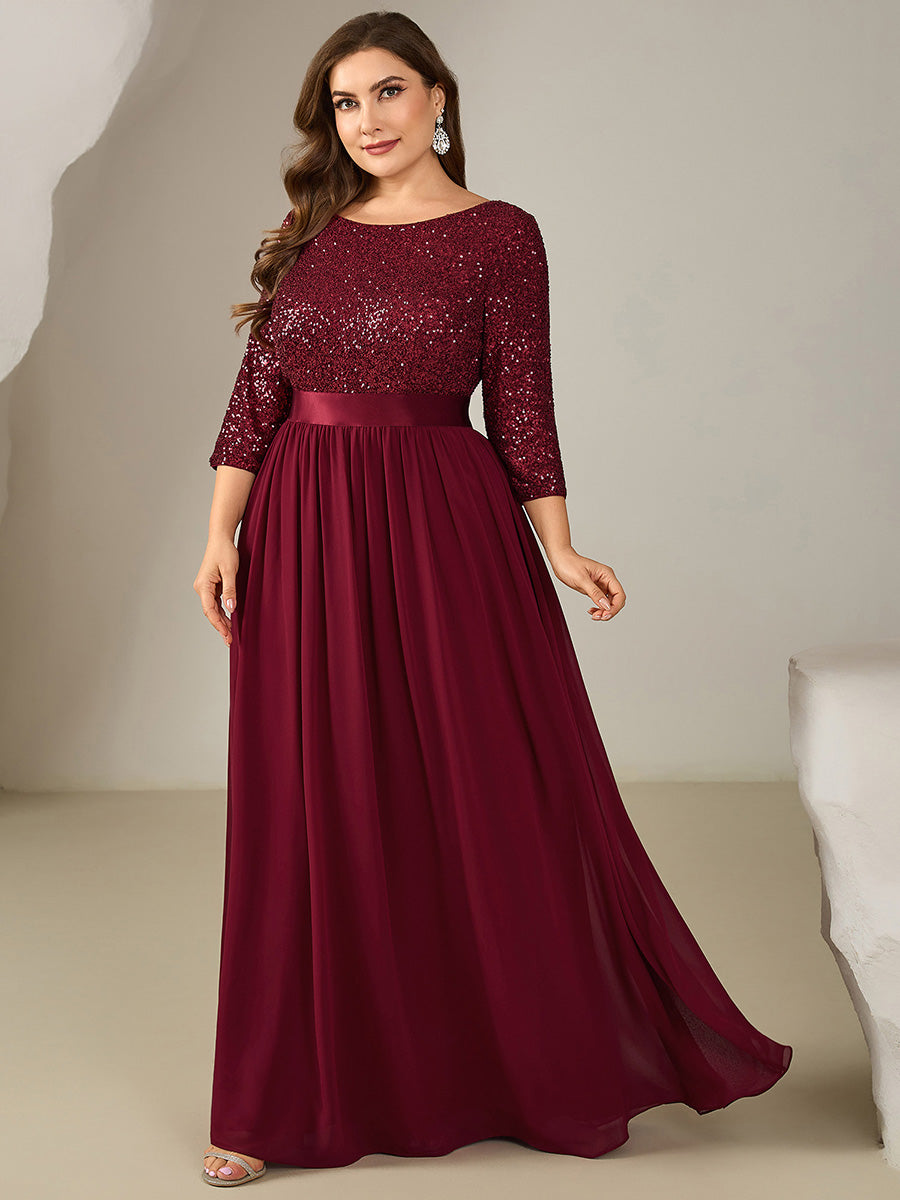 Robe de soirée chic à manches trois quarts en sequins avec patchwork coupe A longueur de sol et col rond #Couleur_Bordeaux