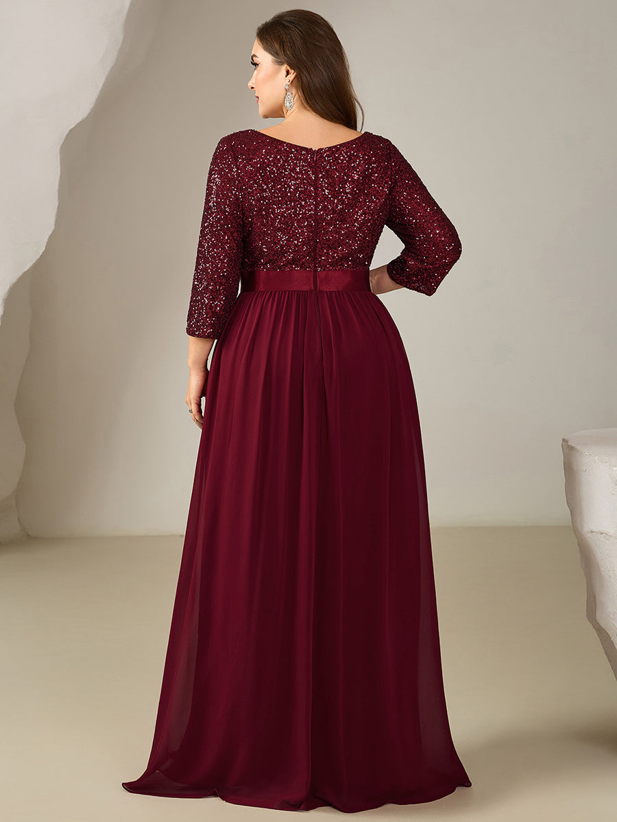 Robe de soirée chic à manches trois quarts en sequins avec patchwork coupe A longueur de sol et col rond #Couleur_Bordeaux
