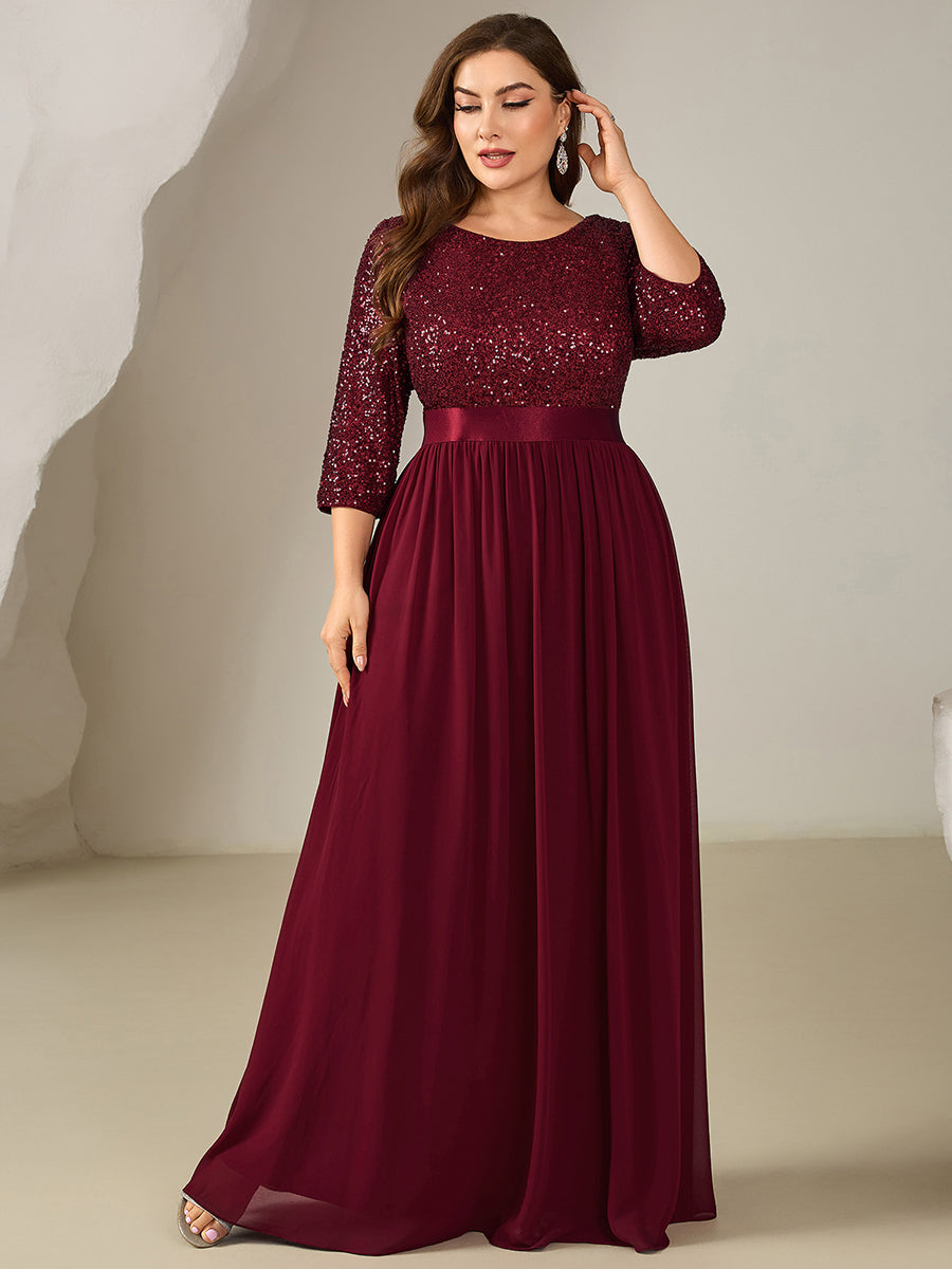 Robe de soirée chic à manches trois quarts en sequins avec patchwork coupe A longueur de sol et col rond #Couleur_Bordeaux