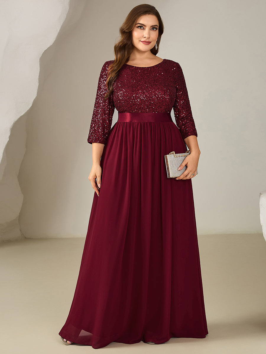 Robe de soirée chic à manches trois quarts en sequins avec patchwork coupe A longueur de sol et col rond #Couleur_Bordeaux
