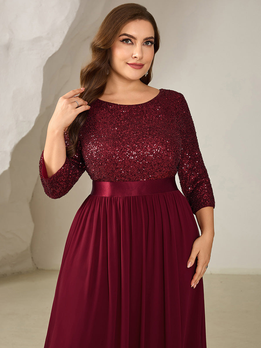 Robe de soirée chic à manches trois quarts en sequins avec patchwork coupe A longueur de sol et col rond #Couleur_Bordeaux