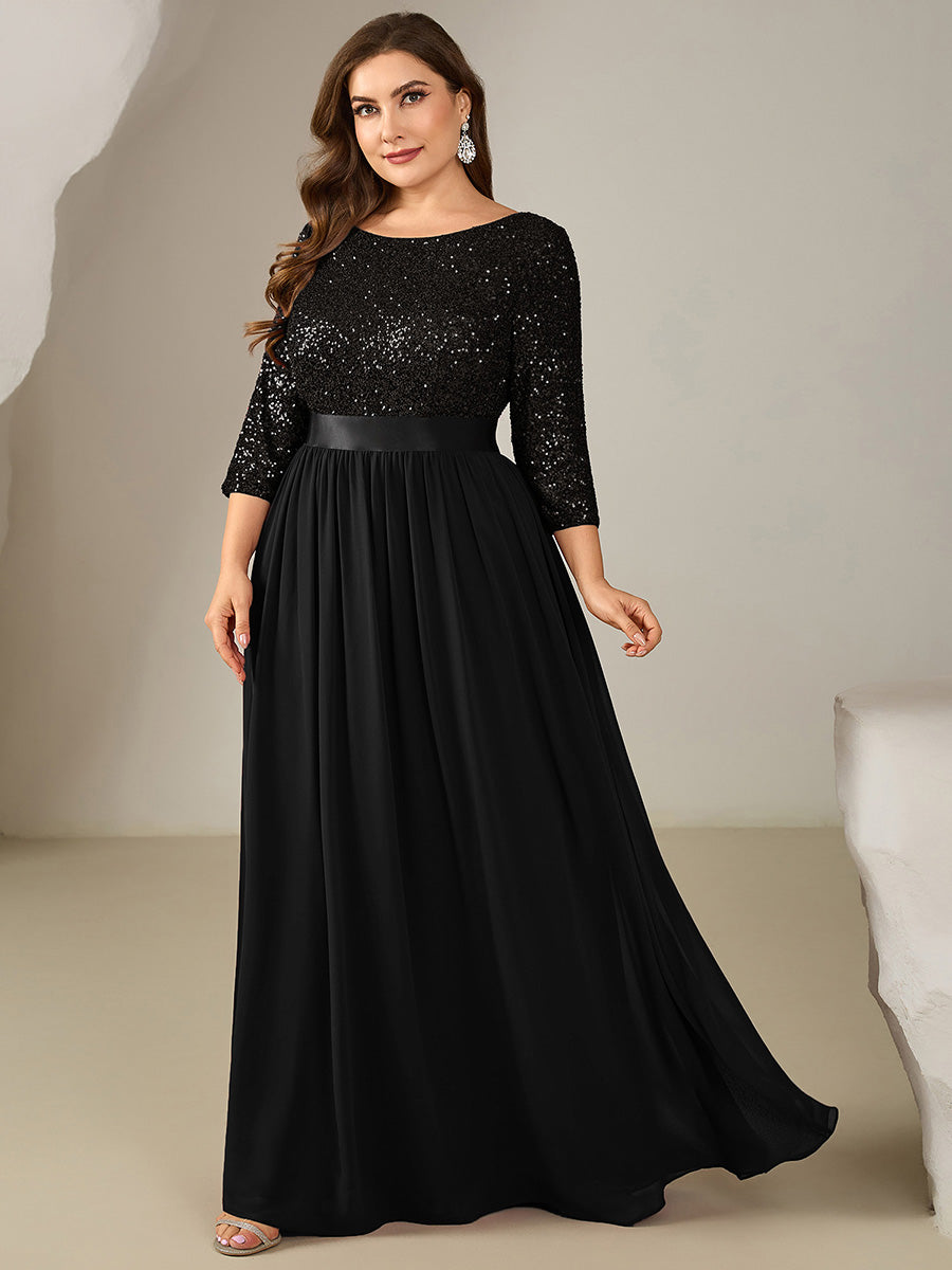 Robe de soirée chic à manches trois quarts en sequins avec patchwork coupe A longueur de sol et col rond #Couleur_Noir