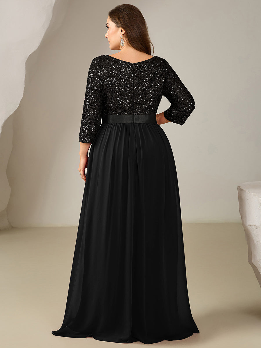 Robe de soirée chic à manches trois quarts en sequins avec patchwork coupe A longueur de sol et col rond #Couleur_Noir