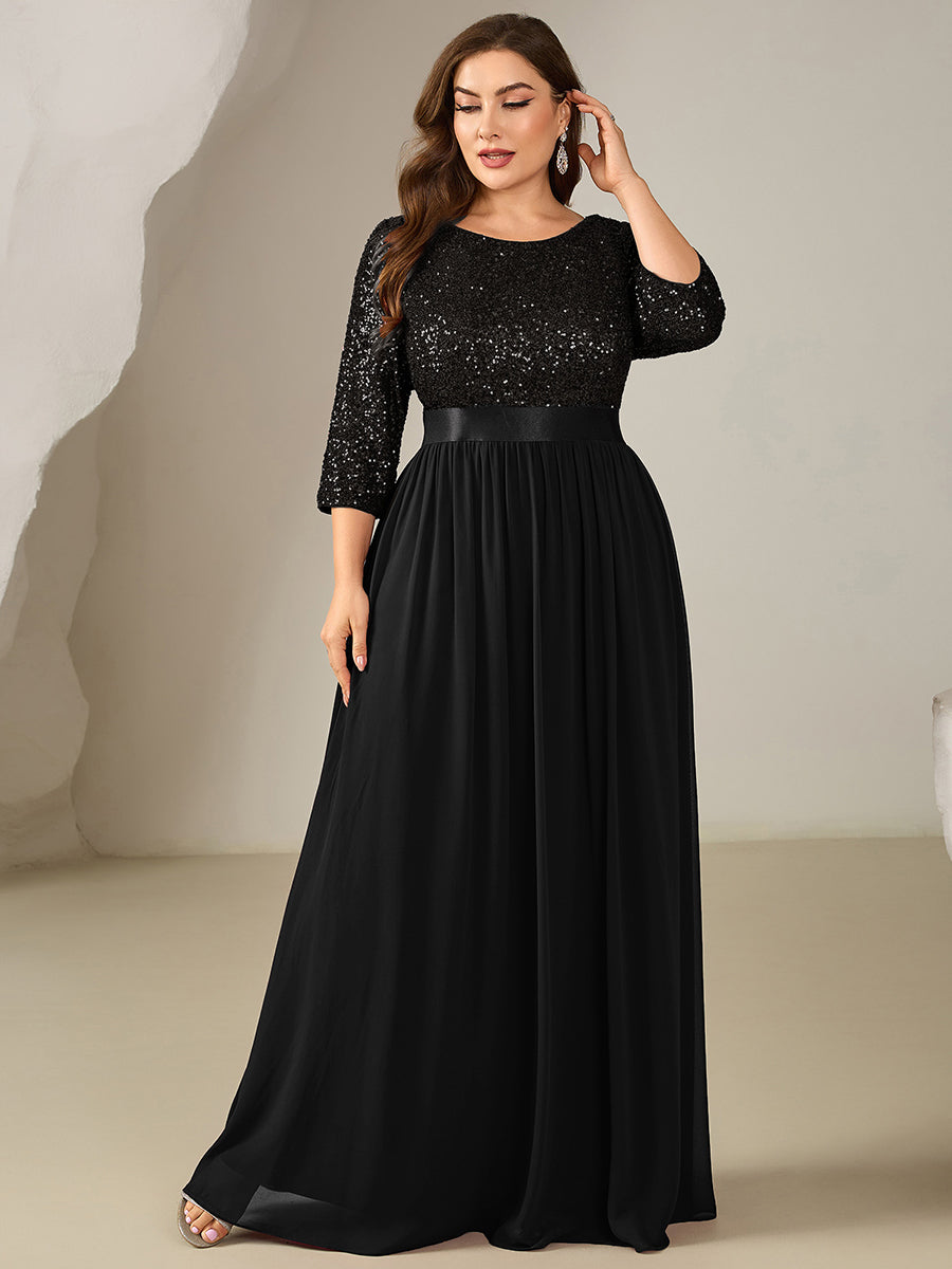 Robe de soirée chic à manches trois quarts en sequins avec patchwork coupe A longueur de sol et col rond #Couleur_Noir
