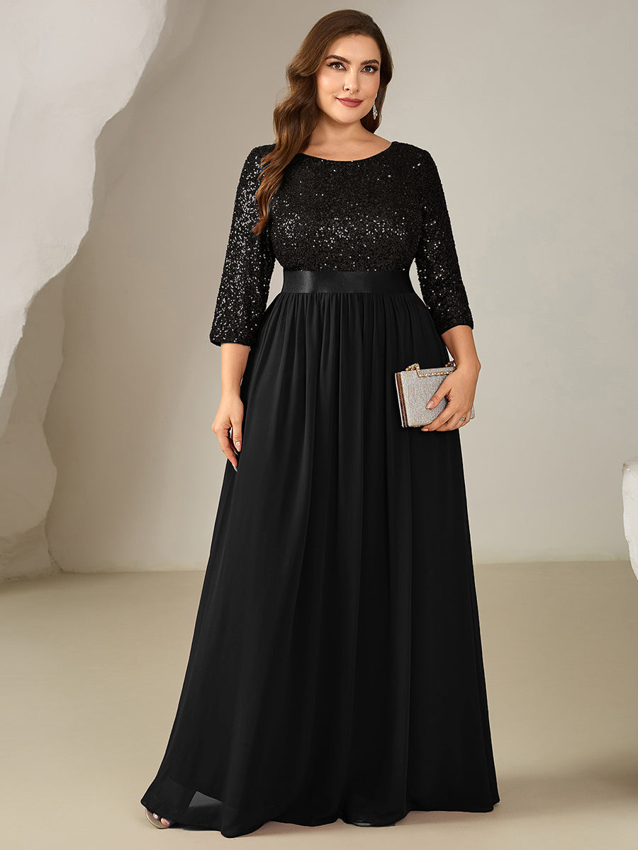 Robe de soirée chic à manches trois quarts en sequins avec patchwork coupe A longueur de sol et col rond #Couleur_Noir