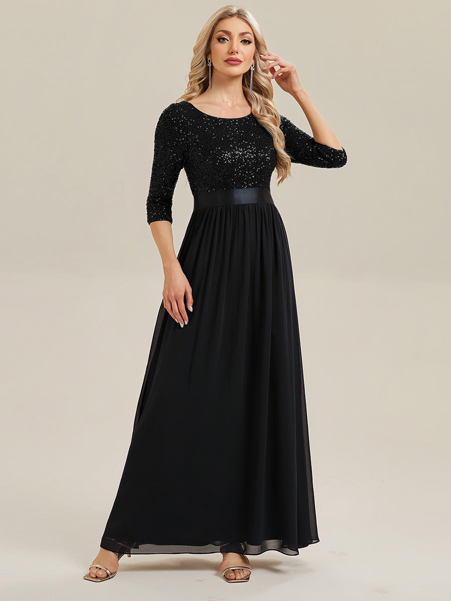 Robe de soirée chic à manches trois quarts en sequins avec patchwork coupe A longueur de sol et col rond #Couleur_Noir