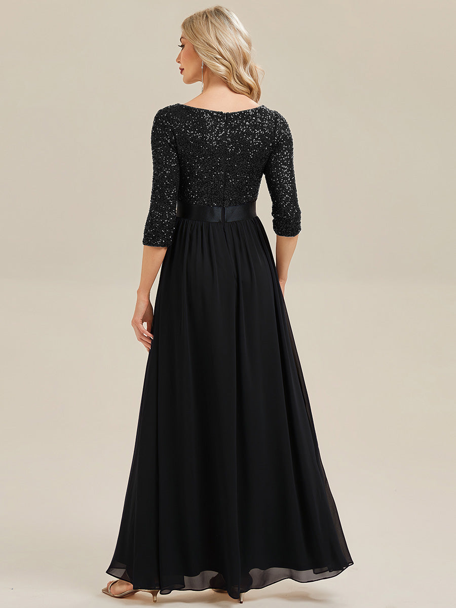 Robe de soirée chic à manches trois quarts en sequins avec patchwork coupe A longueur de sol et col rond #Couleur_Noir