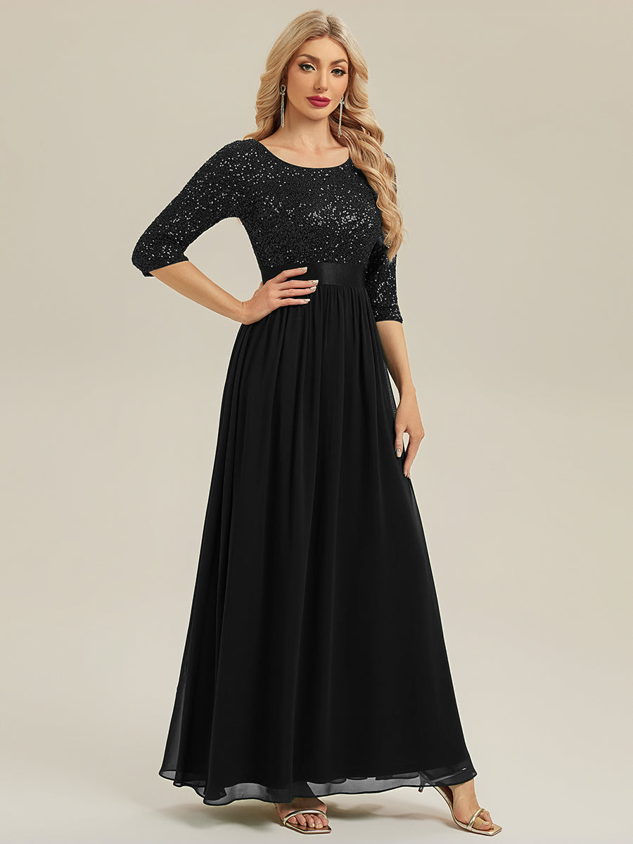 Robe de soirée chic à manches trois quarts en sequins avec patchwork coupe A longueur de sol et col rond #Couleur_Noir