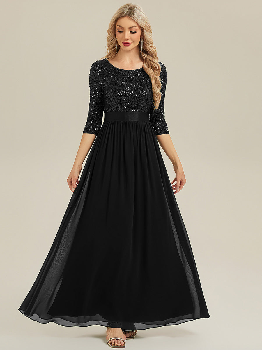 Robe de soirée chic à manches trois quarts en sequins avec patchwork coupe A longueur de sol et col rond #Couleur_Noir