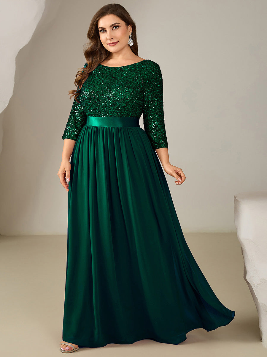 Robe de soirée chic à manches trois quarts en sequins avec patchwork coupe A longueur de sol et col rond #Couleur_Vert Fonce