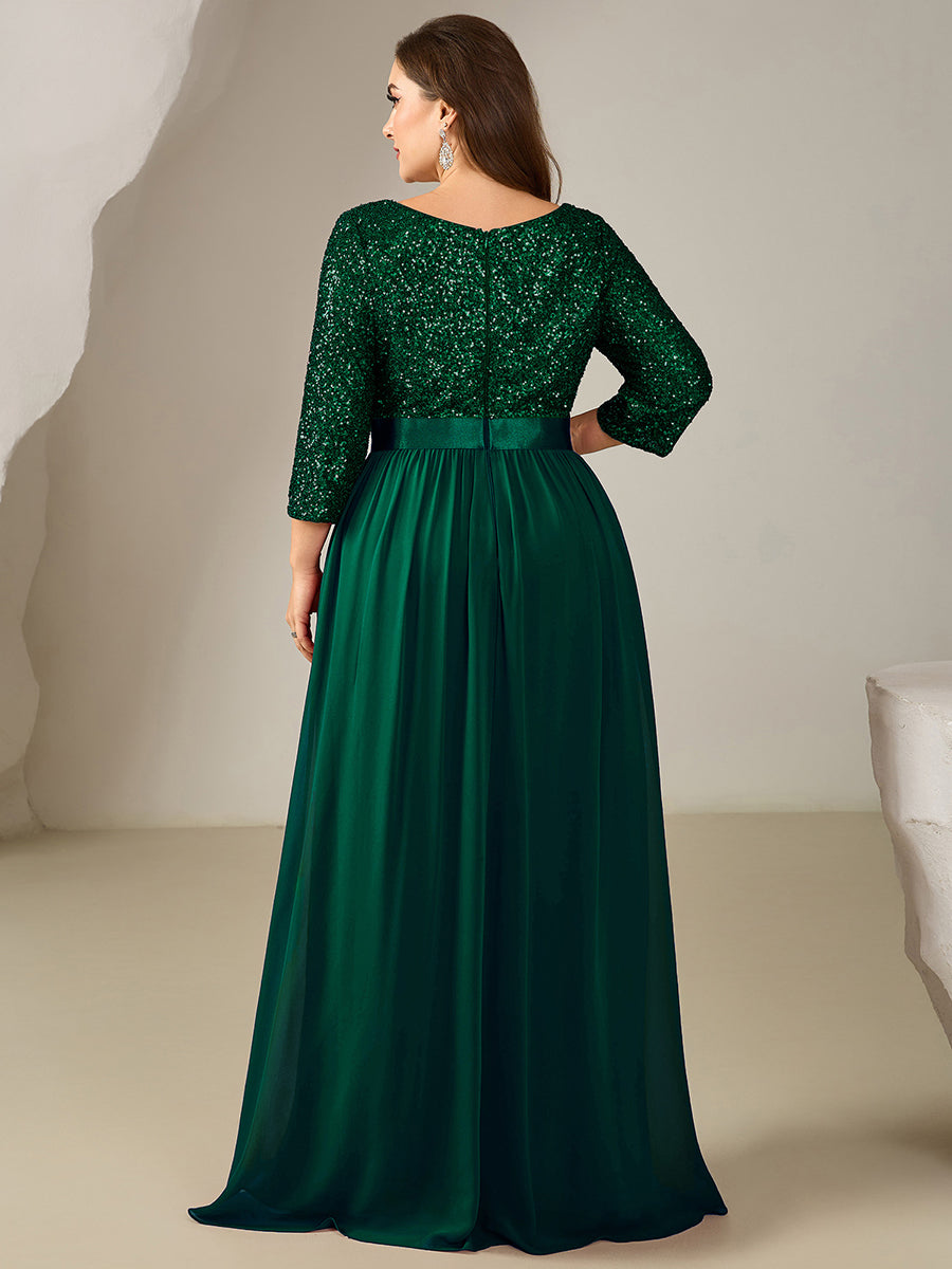 Robe de soirée chic à manches trois quarts en sequins avec patchwork coupe A longueur de sol et col rond #Couleur_Vert Fonce