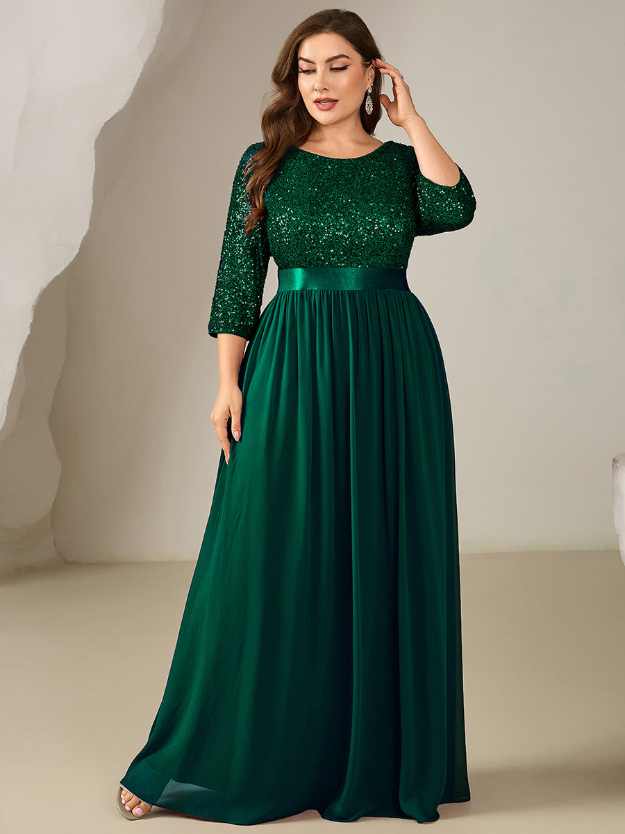 Robe de soirée chic à manches trois quarts en sequins avec patchwork coupe A longueur de sol et col rond #Couleur_Vert Fonce