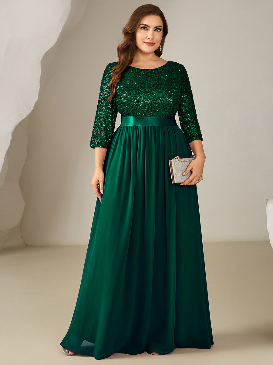 Robe de soirée chic à manches trois quarts en sequins avec patchwork coupe A longueur de sol et col rond #Couleur_Vert Fonce