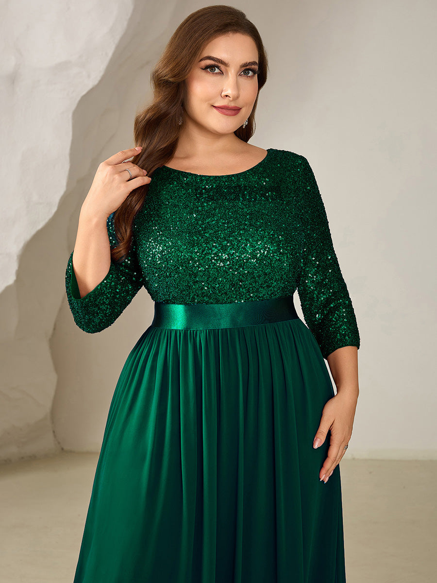 Robe de soirée chic à manches trois quarts en sequins avec patchwork coupe A longueur de sol et col rond #Couleur_Vert Fonce