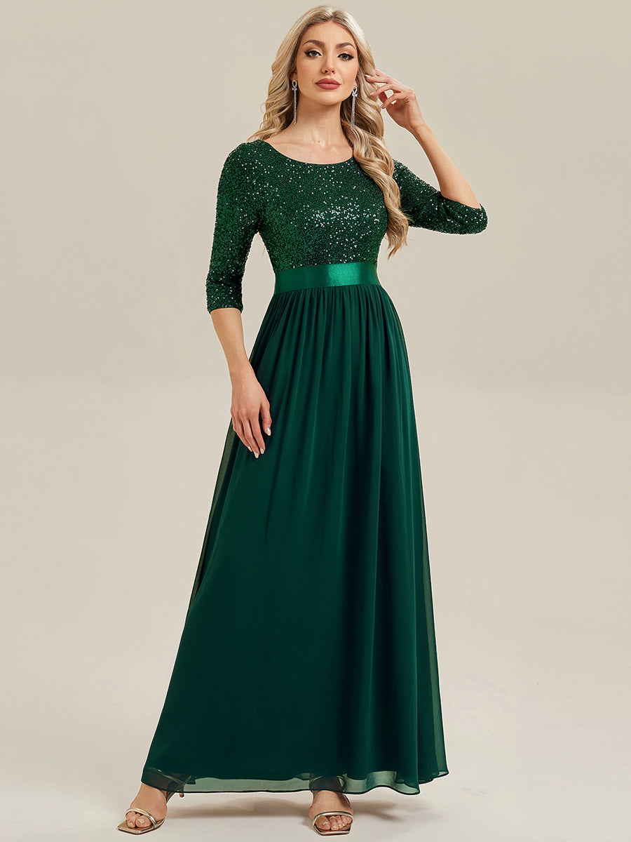 Robe de soirée chic à manches trois quarts en sequins avec patchwork coupe A longueur de sol et col rond #Couleur_Vert Fonce