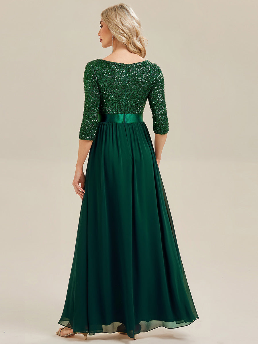 Robe de soirée chic à manches trois quarts en sequins avec patchwork coupe A longueur de sol et col rond #Couleur_Vert Fonce